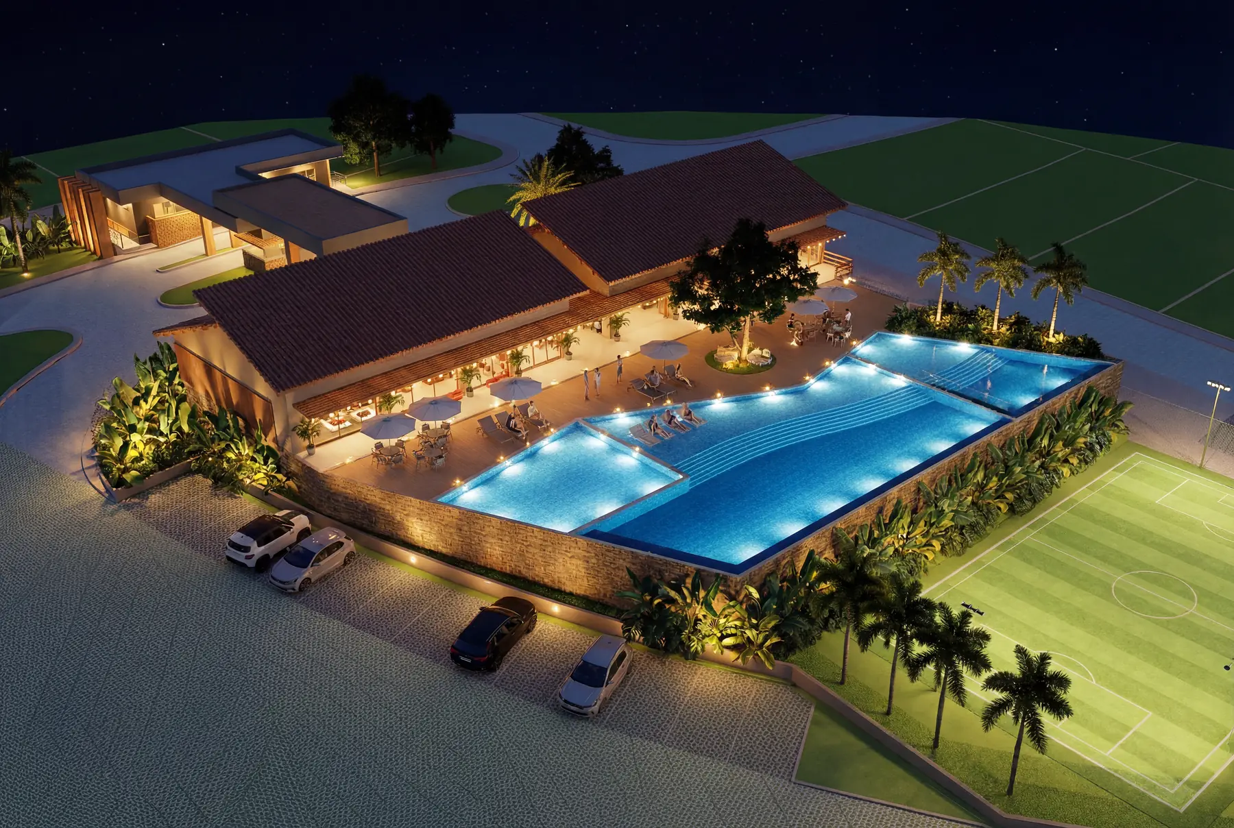 Render noturno do clube e da piscina do ALTAVISTA GRAVATÁ RESIDENCE